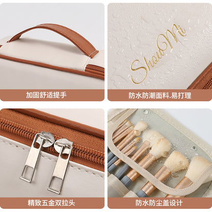 Three-in-One Multi-Functional Partition Storage PU Cosmetic Bag Large Capacity Advanced Sense Portable Cosmetic Brush Storage Bag - image 4