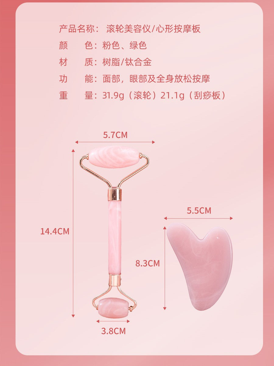 Powder crystal roller two-color facial massager jade beauty stick double-headed push face eye point lifting heart-shaped shaving - image 5