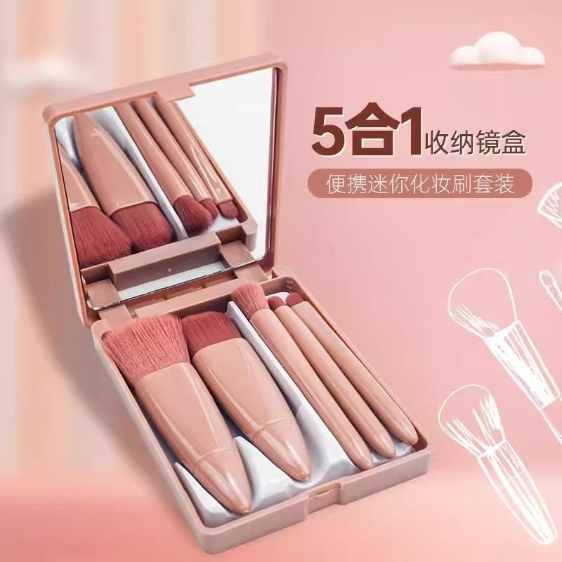 Cross border travel 5 mirror box makeup brush suit multi-function powder brush blush brush mini small mirror makeup brush - image 1