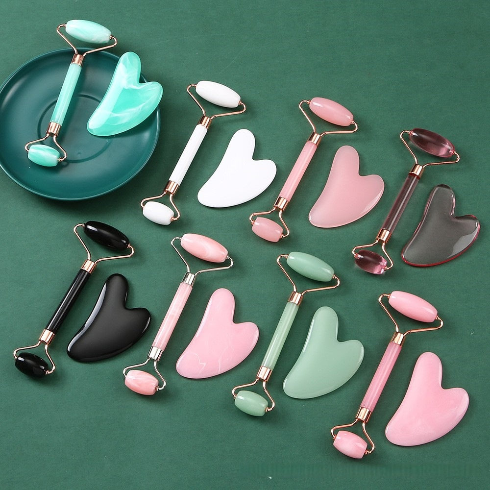 Acrylic Facial Rose Quartz Double-Headed Roller Massager, Non-Jade Heart-Shaped Meridian Beauty Facial Scraper Set - image 1